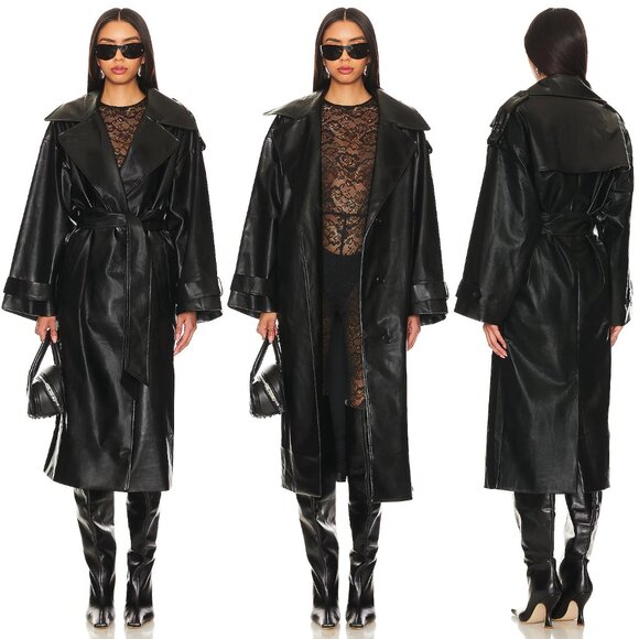 NEW Lovers and Friends Barrett Faux Leather Long Coat Black Belted Oversized S - Picture 1 of 16